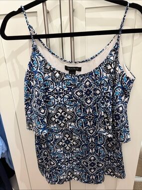 White House Black Market Blue, White & Black Printed Camisole